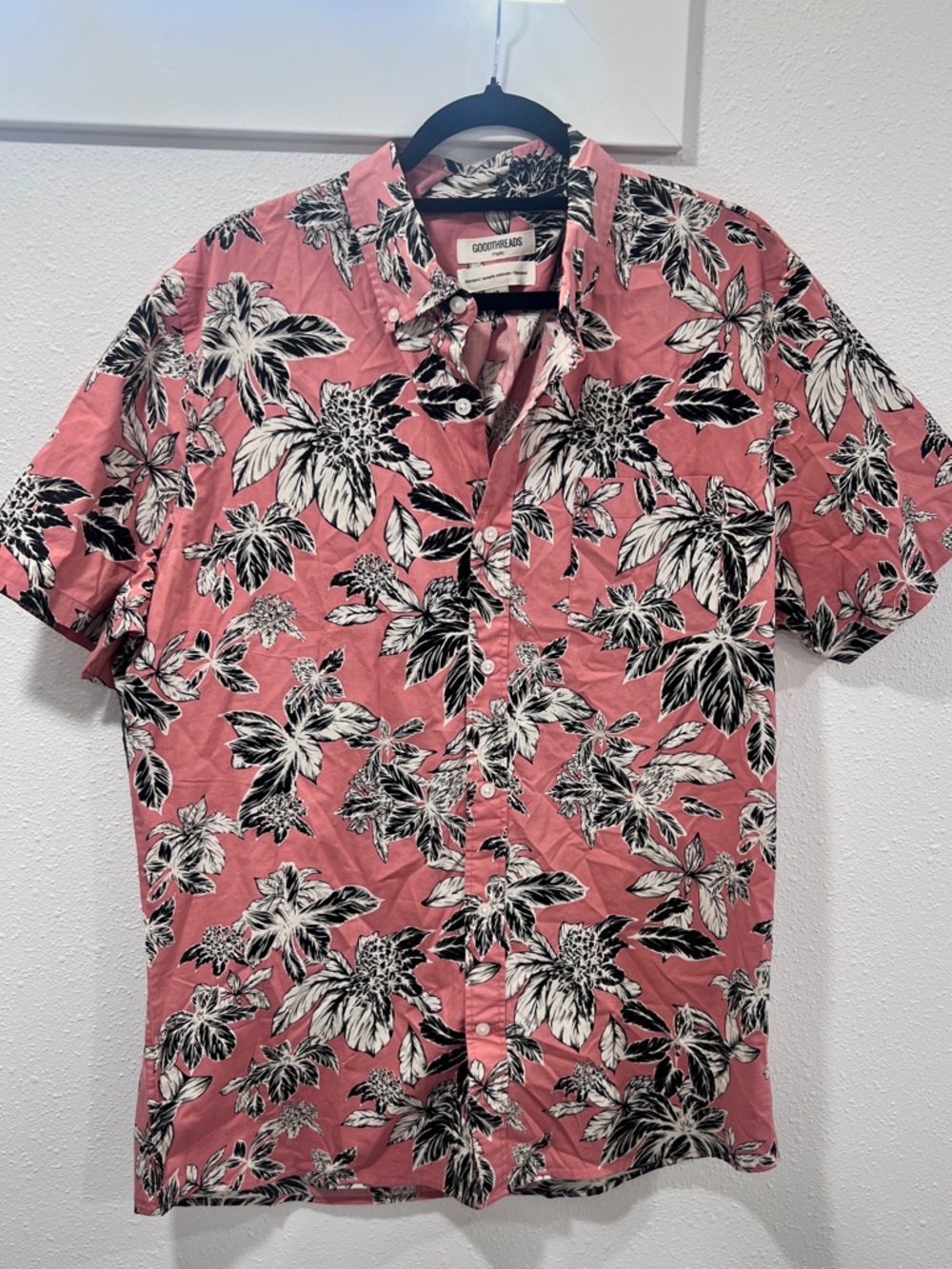 Goodthreads Men’s Pink Floral Poplin Short-Sleeve Button-Up Shirt, New with Tags